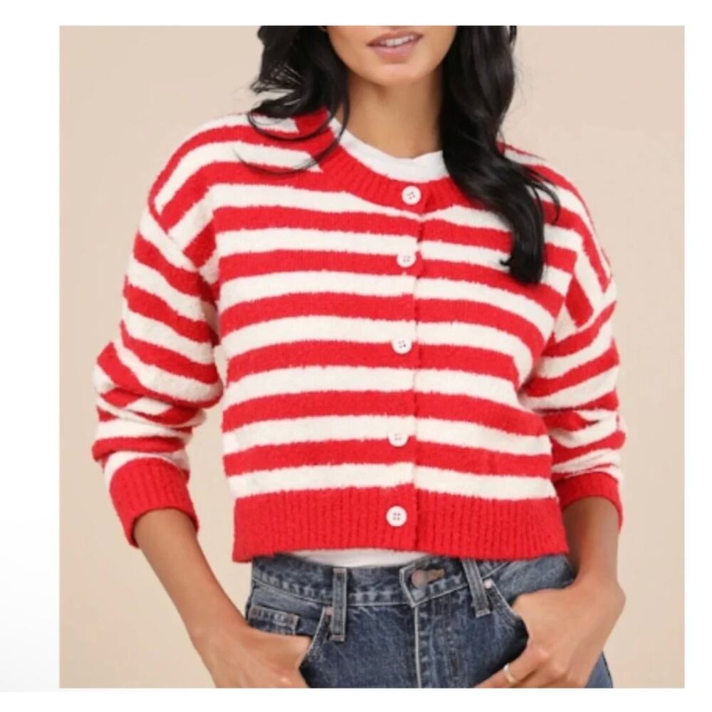 Lulu's Red White Striped Cardigan Sweater Cropped Button Front Nautical Preppy M